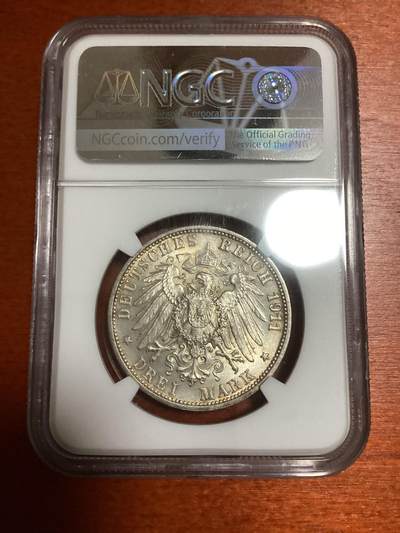 长老汇蛇年精选第十二场拍卖 1911F 德国符腾堡威廉二世夫妇25周年结婚纪念3马克银币，NGC MS63分 