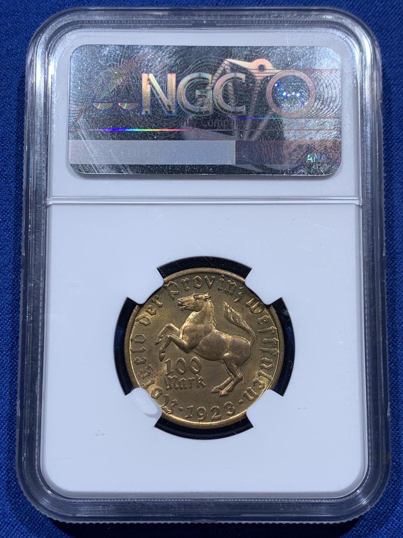 《竞宝斋》第382场 周日，周一，周二 3场连拍 （全场包邮） NGC MS65 德国1923年德紧威斯特法伦马币女像 100马克铜币
