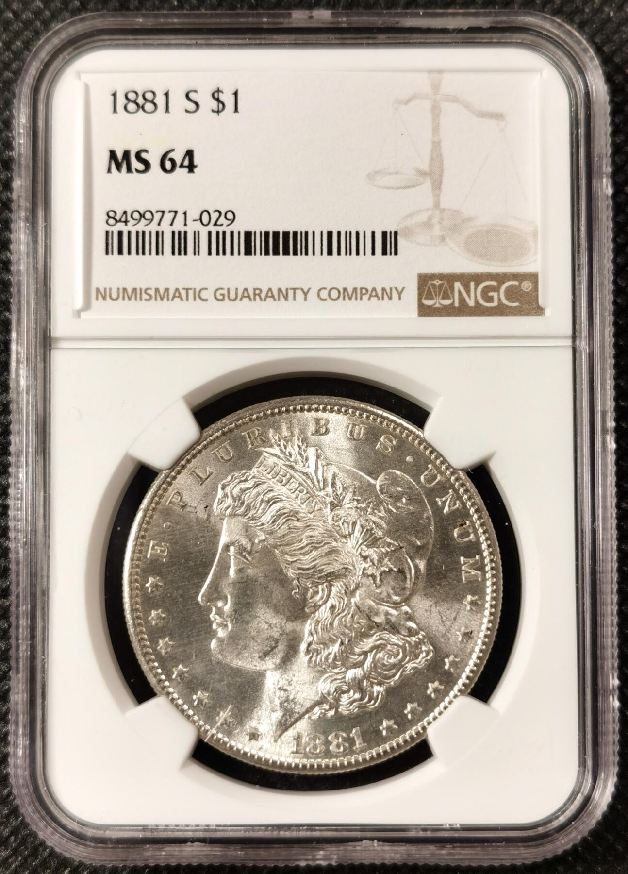  甄臻铺-美国银币专场-世界币章拍卖（第17期），送拍享返佣金等优惠多多 NGC-MS64 1881年S版美国摩根，低评，PL质感