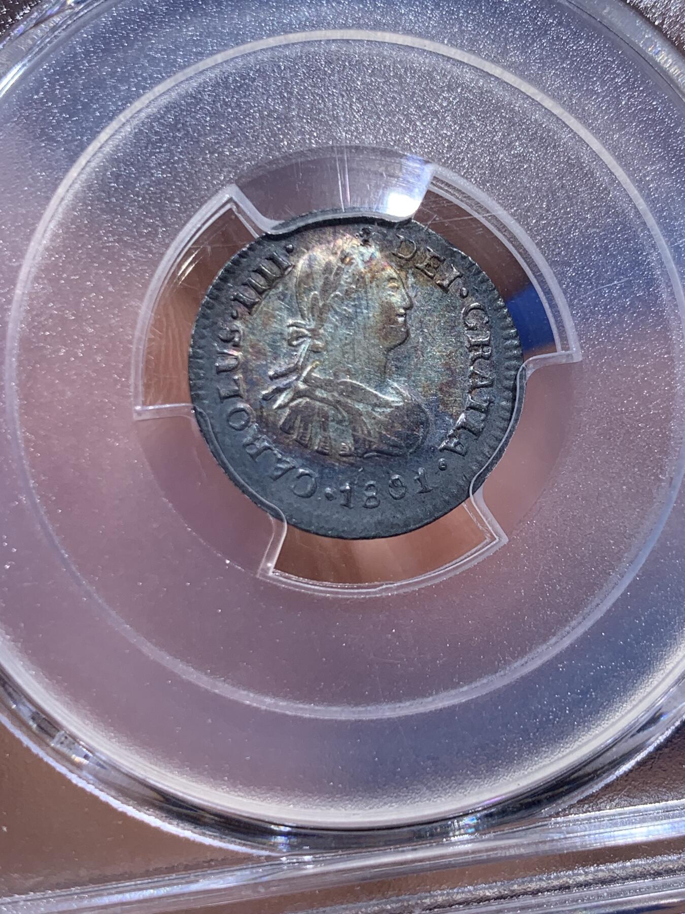 《竞宝斋》第382场 周日，周一，周二 3场连拍 （全场包邮） 荐！PCGS AU58 墨西哥1801年小双柱1/2里亚尔银币 原光老五彩