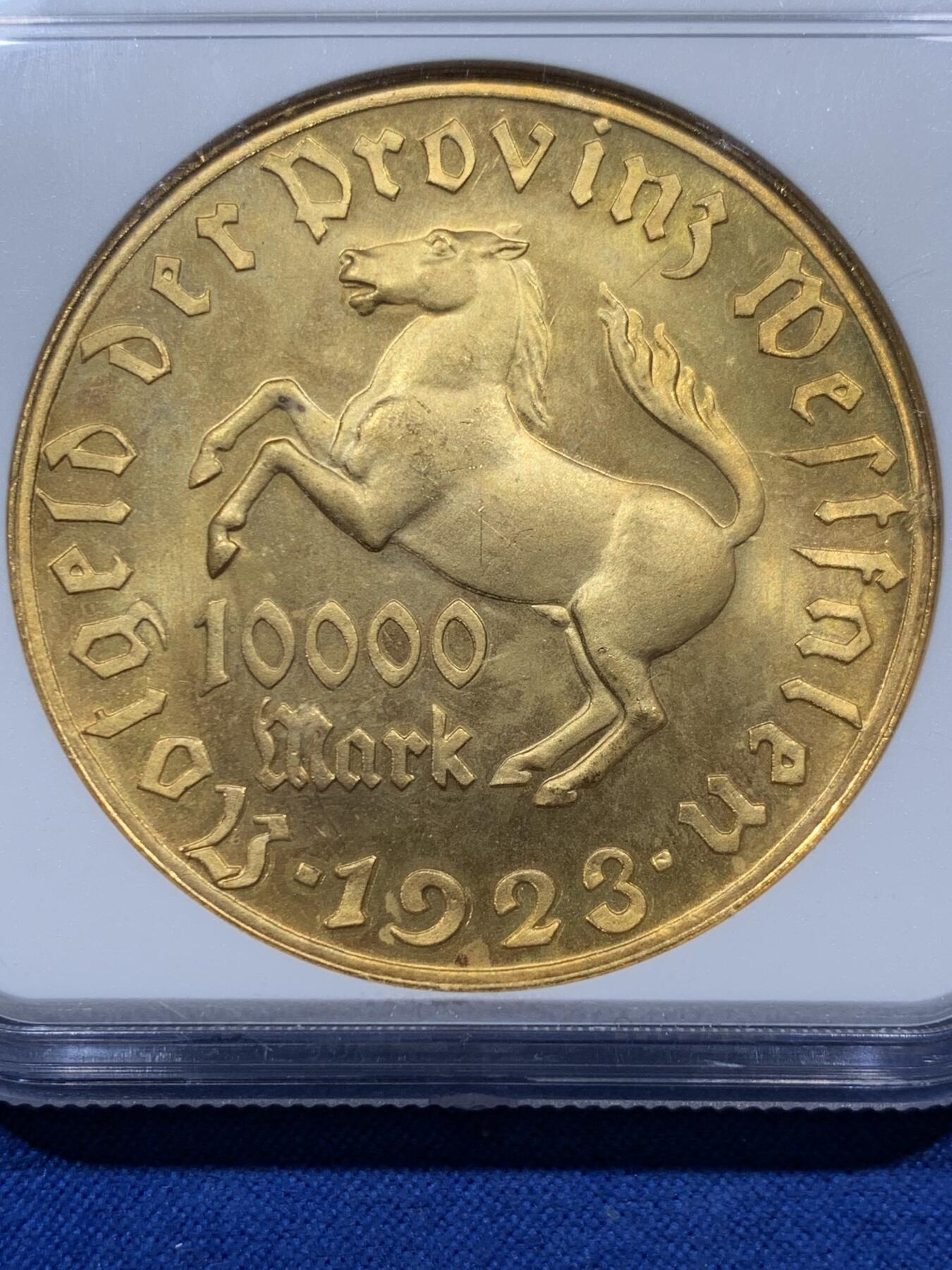 《竞宝斋》第382场 周日，周一，周二 3场连拍 （全场包邮） NGC MS65 德国1923年德紧威斯特法伦马币 10000马克镀金铜币