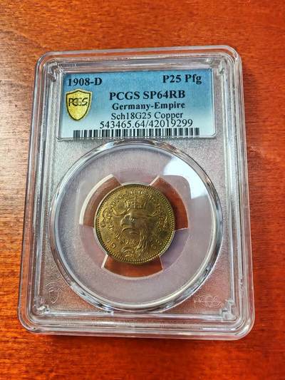 长老汇蛇年精选第十二场拍卖 1908德国25芬尼铜样币，PCGS SP64RB，季军分，更高3枚，63分2020SB成交价1500元