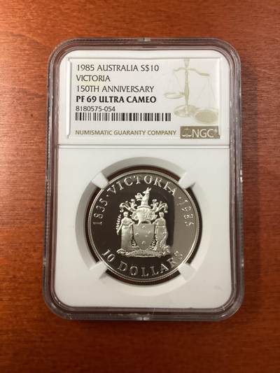 长老汇蛇年精选第十二场拍卖 1985 澳大利亚维多利亚州建立150周年10澳元精制银币，NGC PF69UC，更高2枚