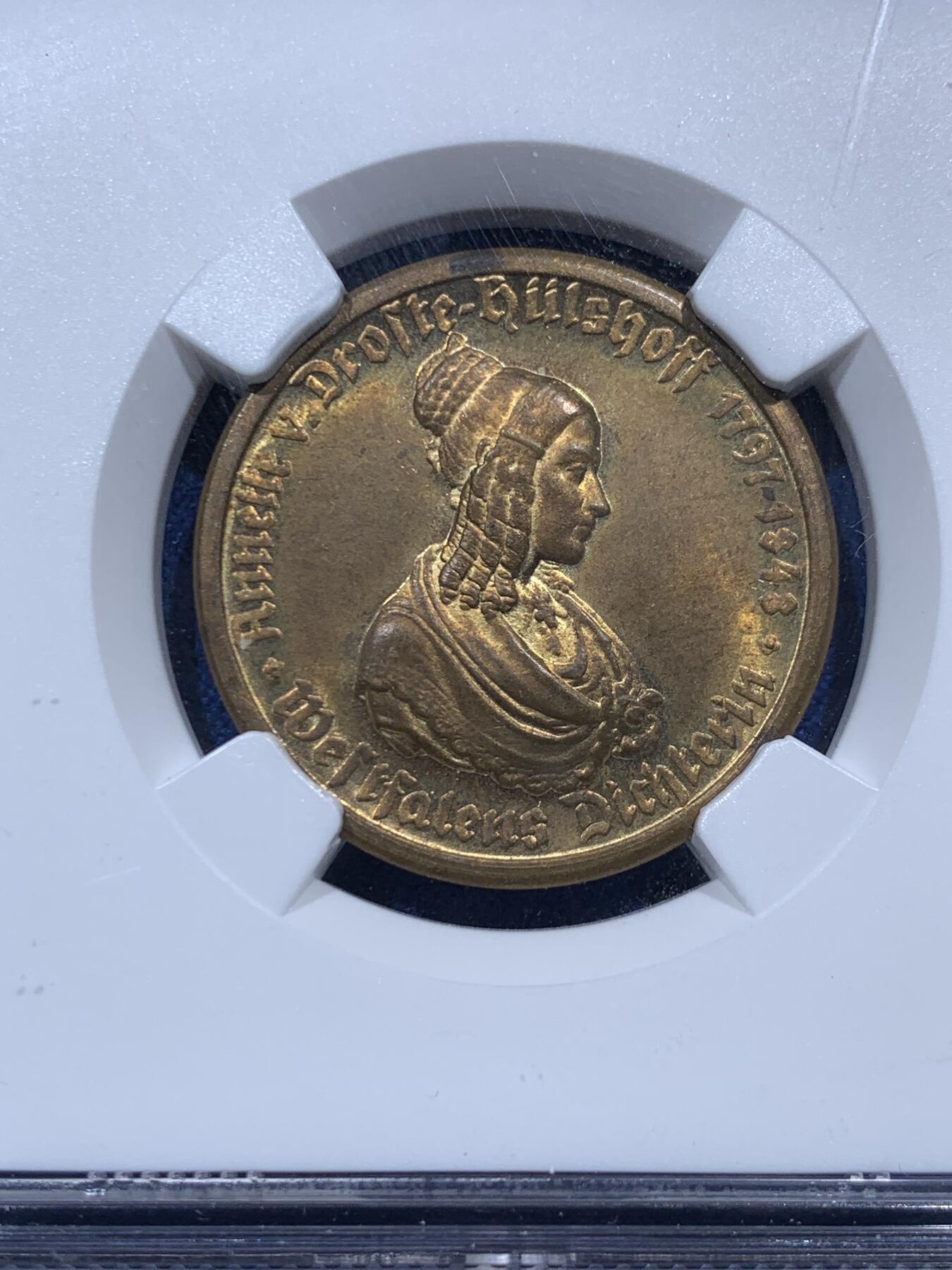 《竞宝斋》第382场 周日，周一，周二 3场连拍 （全场包邮） NGC MS65 德国1923年德紧威斯特法伦马币女像 100马克铜币