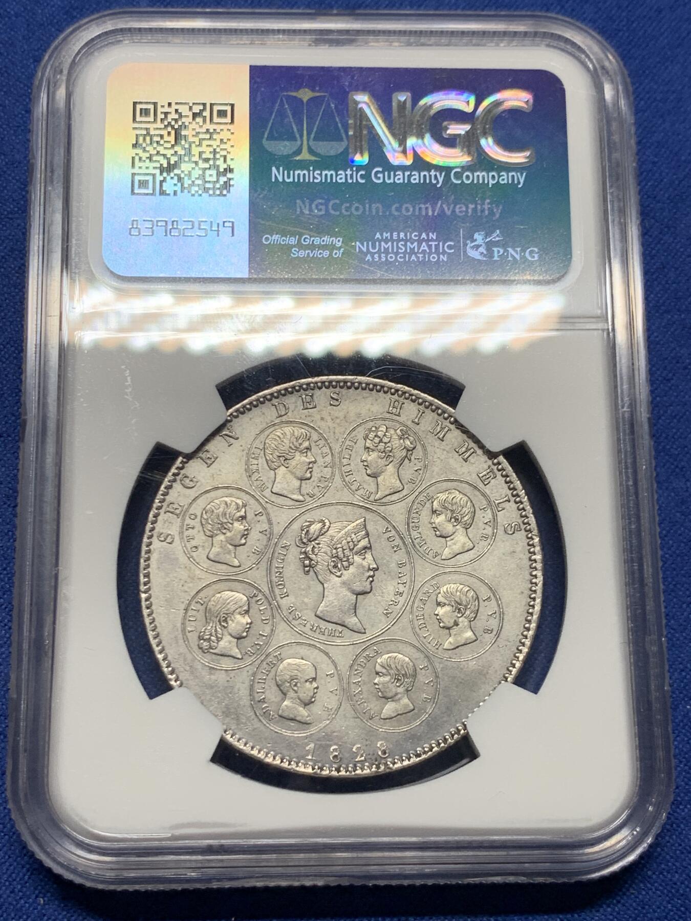 《竞宝斋》第383场 周日，周一，周二 3场连拍 （全场包邮） NGC AUD 德国1828年巴伐利亚皇室家族历史泰勒银币 细节非常不错