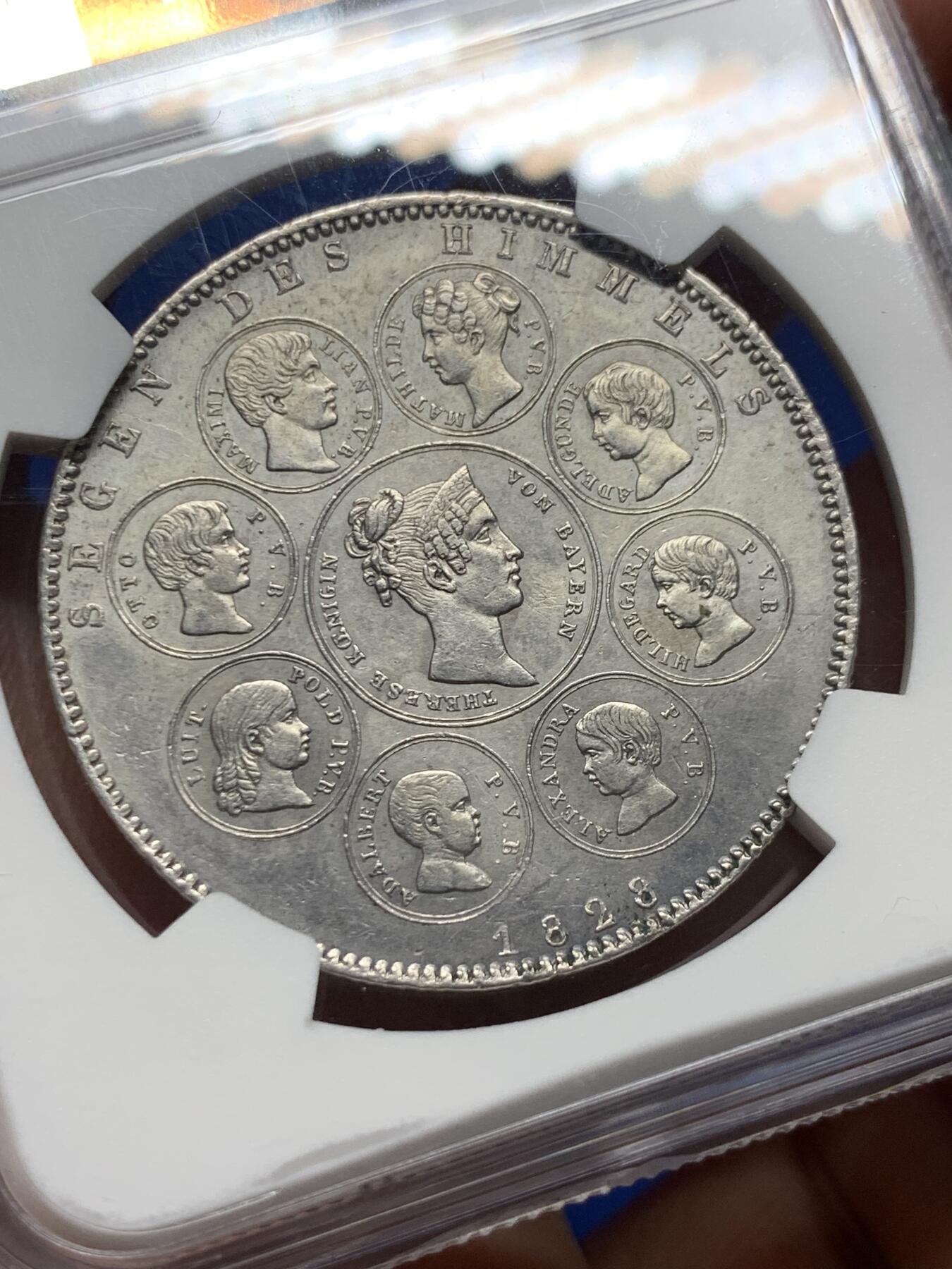 《竞宝斋》第383场 周日，周一，周二 3场连拍 （全场包邮） NGC AUD 德国1828年巴伐利亚皇室家族历史泰勒银币 细节非常不错