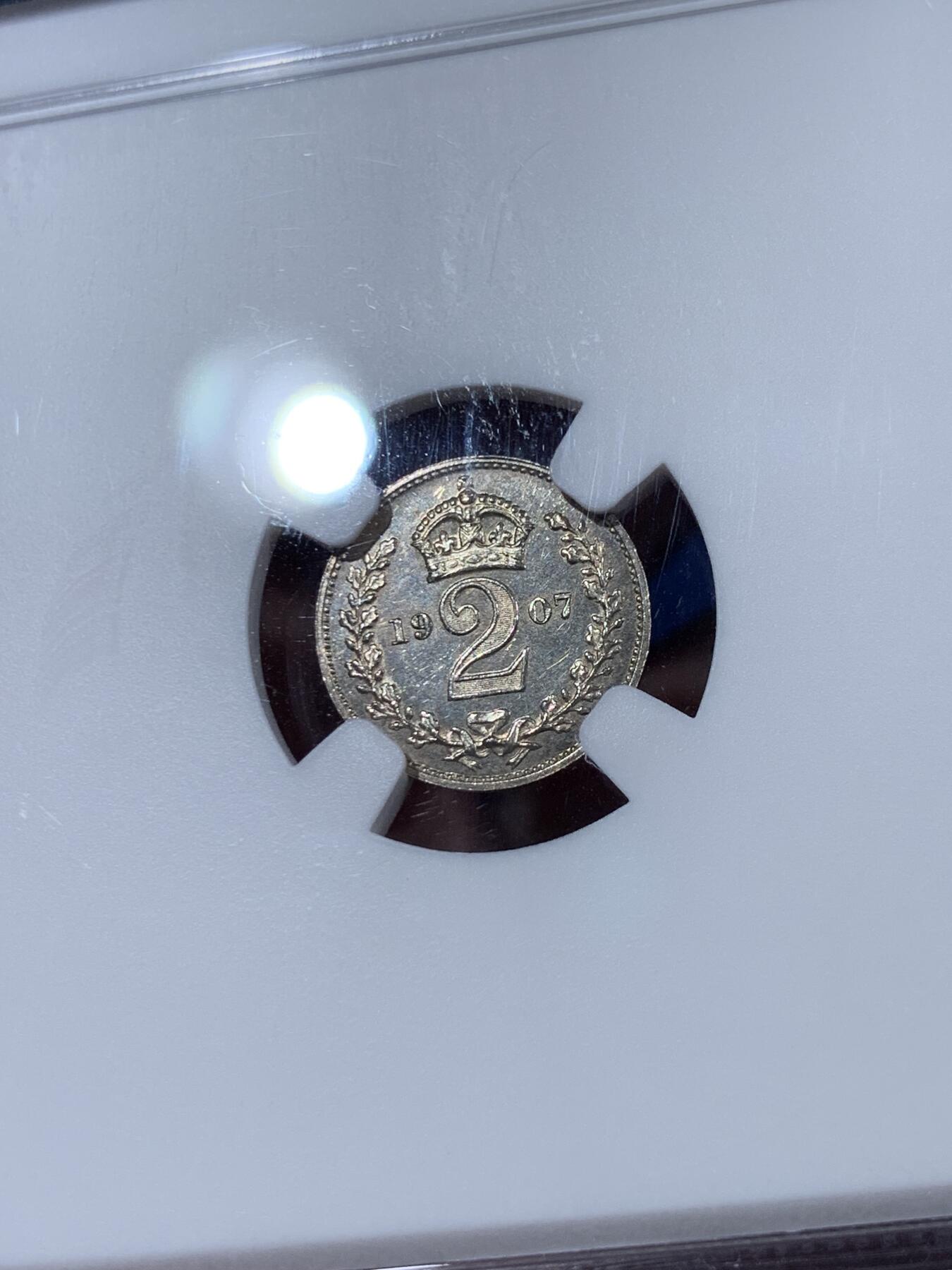 《竞宝斋》第383场 周日，周一，周二 3场连拍 （全场包邮） NGC MS65 英国1907年2便士银币 爱德华七世足节币