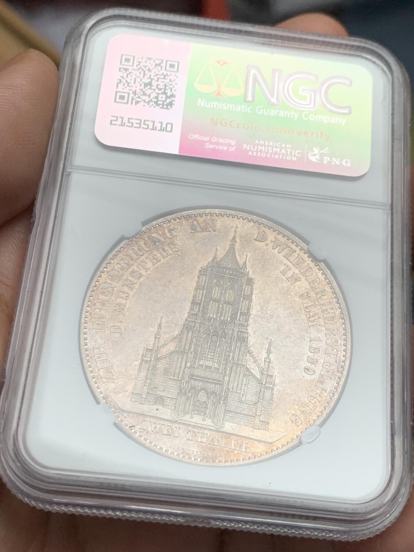 《竞宝斋》第383场 周日，周一，周二 3场连拍 （全场包邮） NGC UNC 德国 1869年 符腾堡教堂 2泰勒大银币 整体包浆底板都不错 热门品种 37大银币手感极好