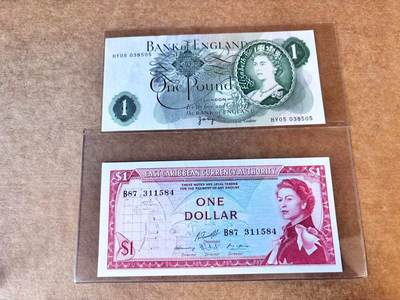 【Blue Auction】世界纸币精拍第667期【精】——16级TOP拍卖/信誉/品质/专业/高效💫 【一组2张 含无47】英国 C序列1镑&东加勒比 1965年1元 戎装女王 全新UNC