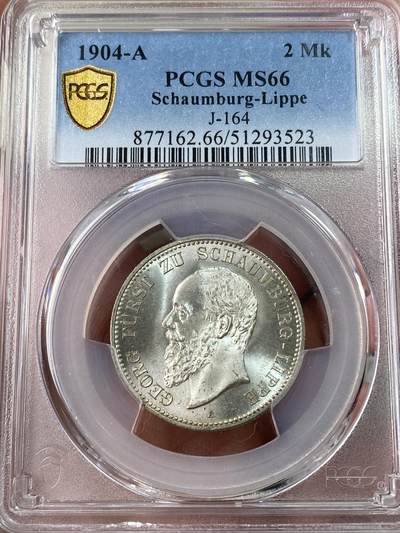 万国钱币拍卖第047期（万国端午大拍） - PCGS MS66 1904年德国绍姆堡-利普乔治亲王长翅流通2马克 罕见小邦品种 肉眼无暇状态 顶级GEM品质