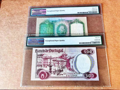 【Blue Auction】世界纸币精拍第667期【精】——16级TOP拍卖/信誉/品质/专业/高效💫 【一组2张 含无47】葡萄牙 1941-79年20-500埃斯库多 PMG55EPQ-PMG35EPQ 