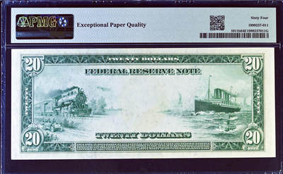 【Blue Auction】世界纸币精拍第667期【精】——16级TOP拍卖/信誉/品质/专业/高效💫 【冠军分 222豹子号无47难得 少见旧金山版】美国 1914年20美金 其也是1934年1000美金纸币上人物 PMG64EPQ 油墨状态佳 背面自由女神像 各种交通工具(第一张也是唯一一张）大票幅 雕刻精美 这种靓号可遇不可求值得收藏 
