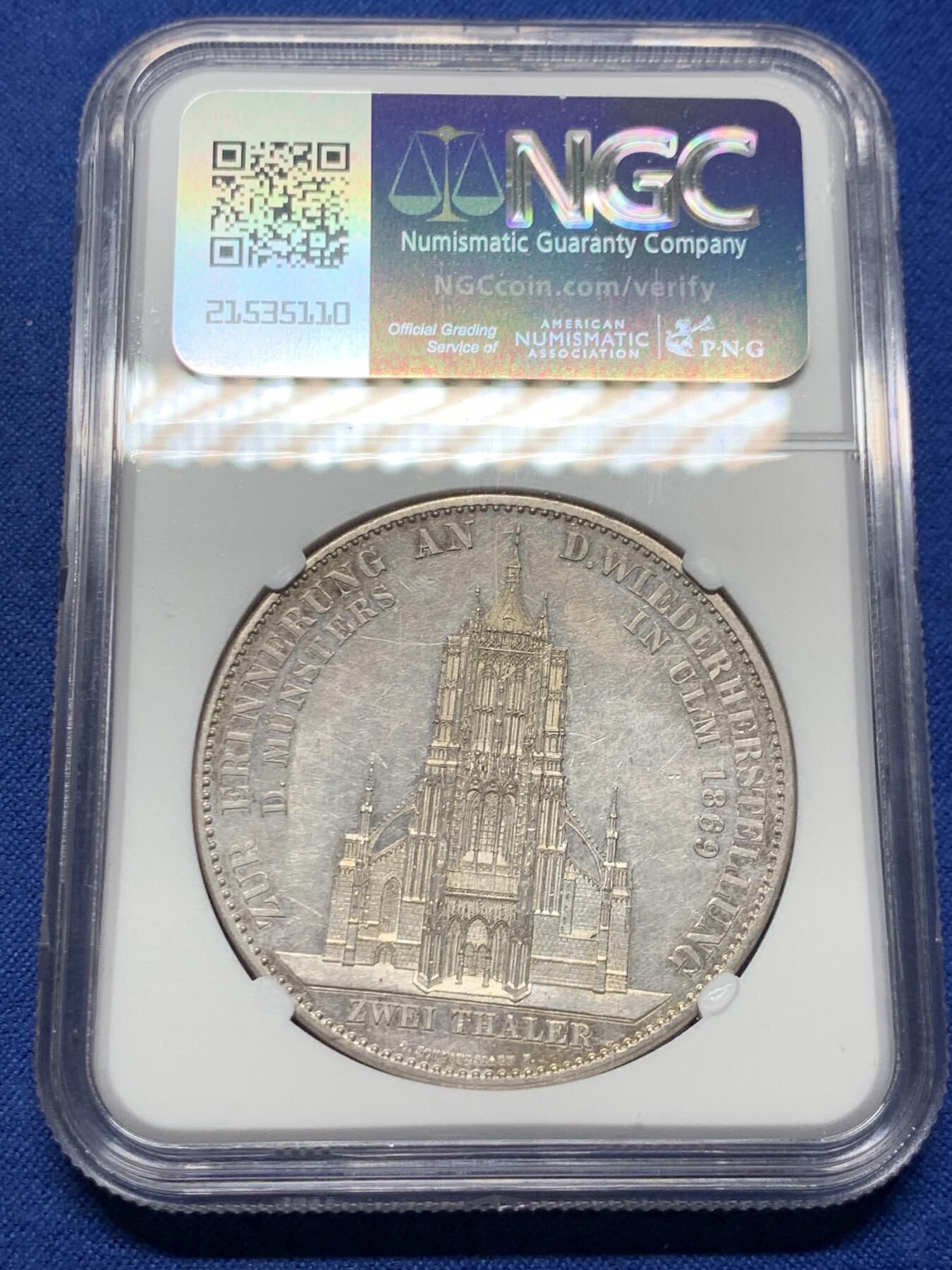 《竞宝斋》第383场 周日，周一，周二 3场连拍 （全场包邮） NGC UNC 德国 1869年 符腾堡教堂 2泰勒大银币 整体包浆底板都不错 热门品种 37大银币手感极好