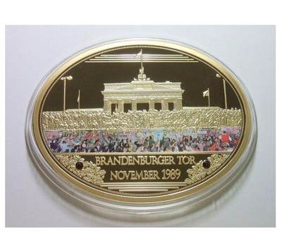 德国1989年拆除柏林墙+勃兰登堡门高浮雕精制彩色超大镀金章 63×85MM 118克 - 德国1989年拆除柏林墙+勃兰登堡门高浮雕精制彩色超大镀金章 63×85MM 118克