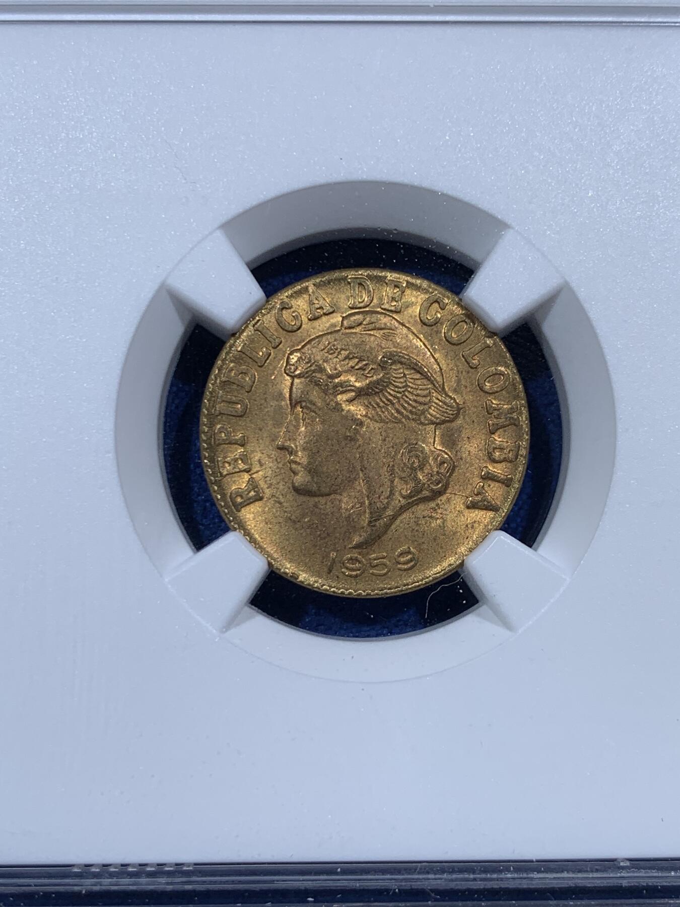 《竞宝斋》第383场 周日，周一，周二 3场连拍 （全场包邮） NGC MS65 哥伦比亚1959年2分黄铜币，车轮光状态漂亮！亚军分！