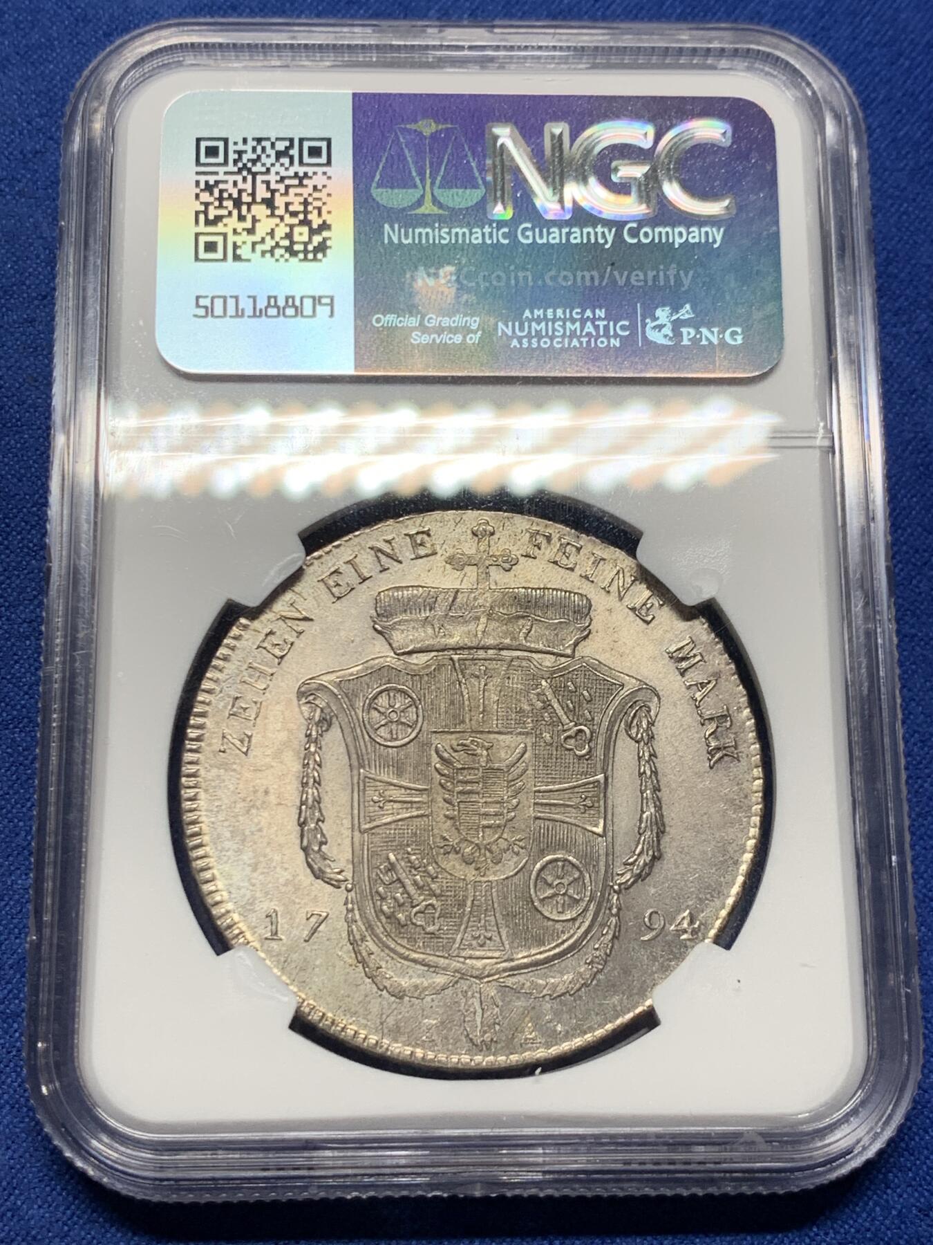 《竞宝斋》第383场 周日，周一，周二 3场连拍 （全场包邮） 亚军分 NGC MS62 德国 1794 美因茨大主教区 单一发行年份 PL底板 不可多得藏品