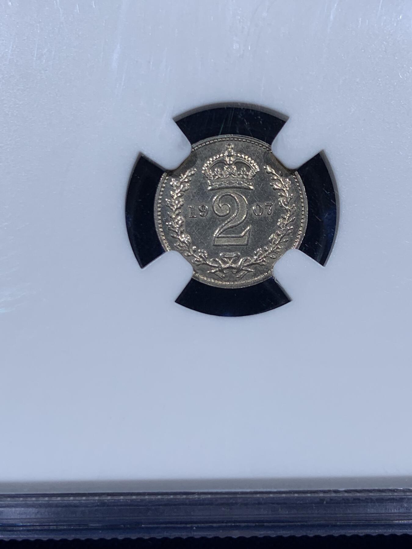 《竞宝斋》第383场 周日，周一，周二 3场连拍 （全场包邮） NGC MS65 英国1907年2便士银币 爱德华七世足节币