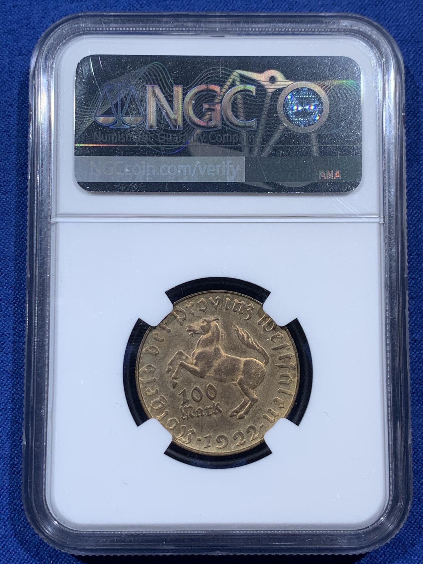 《竞宝斋》第383场 周日，周一，周二 3场连拍 （全场包邮） NGC MS64 德国1922年德紧威斯特法伦马币 100马克铜币