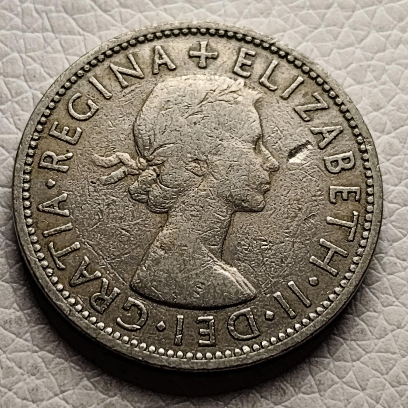 泉币菌-第27场-中外散币乐园 英国早期1955年 2先令大镍币 伊丽莎白二世头像 28.3MM