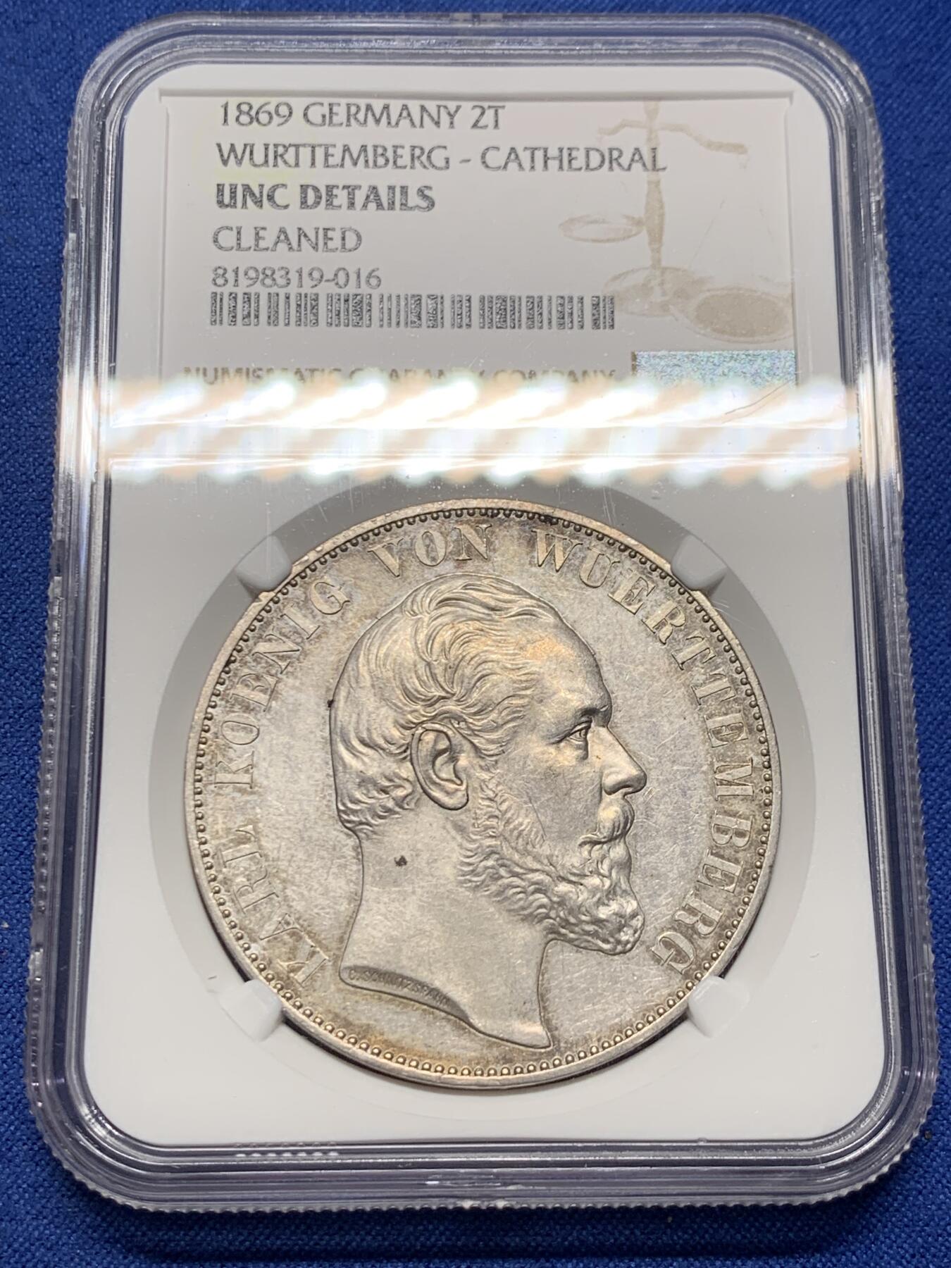《竞宝斋》第383场 周日，周一，周二 3场连拍 （全场包邮） NGC UNC 德国 1869年 符腾堡教堂 2泰勒大银币 整体包浆底板都不错 热门品种 37大银币手感极好