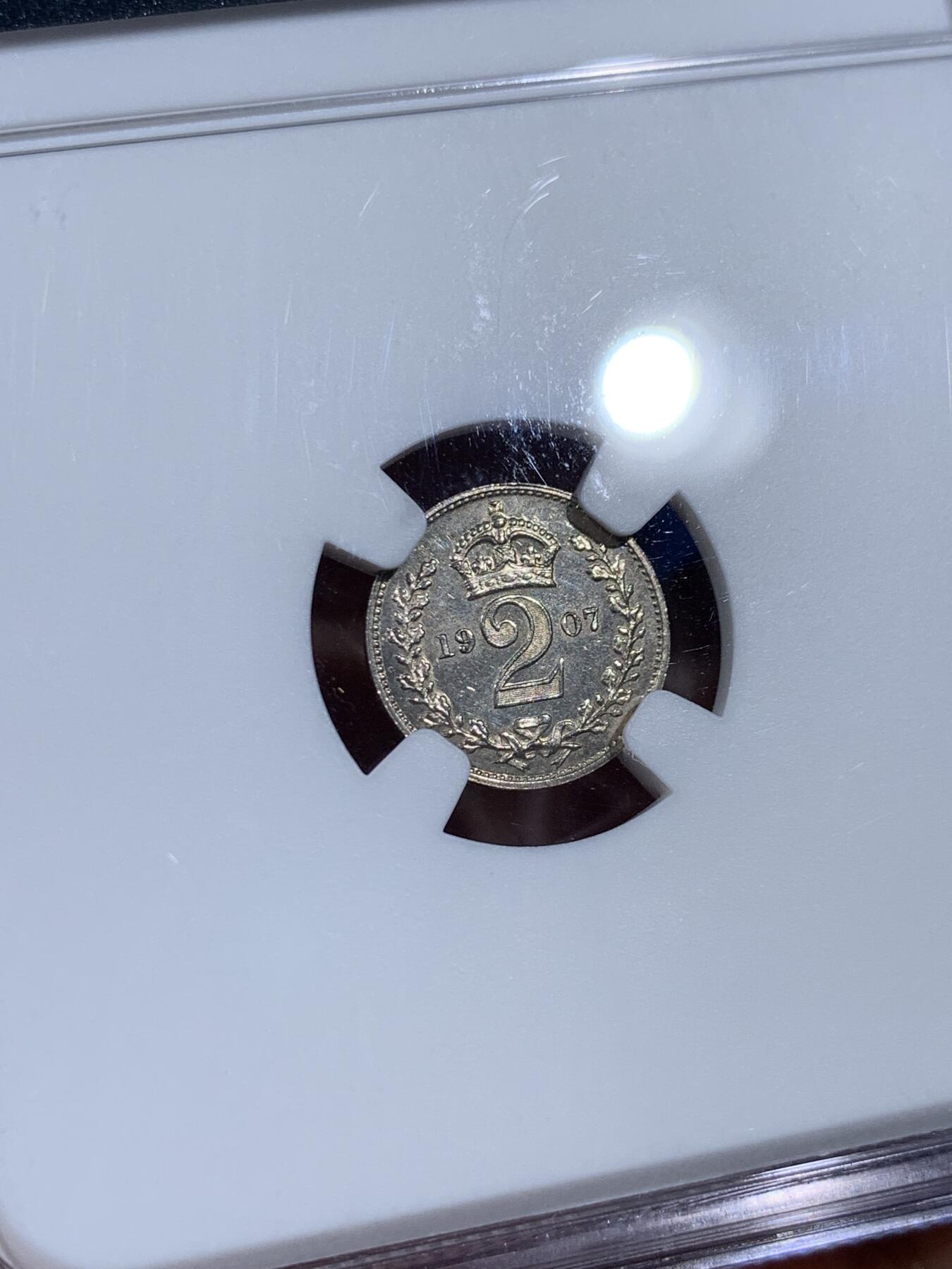 《竞宝斋》第383场 周日，周一，周二 3场连拍 （全场包邮） NGC MS65 英国1907年2便士银币 爱德华七世足节币