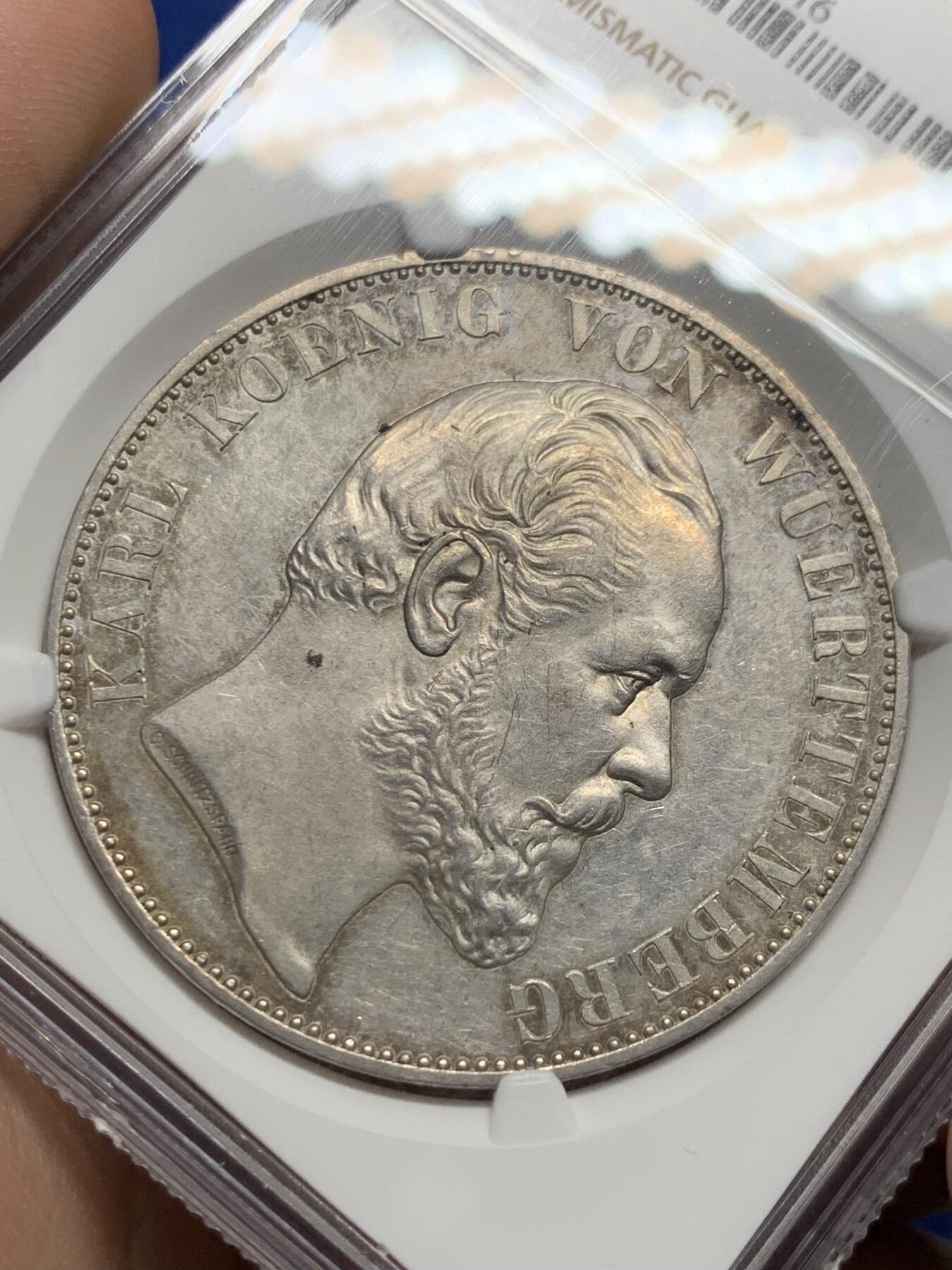《竞宝斋》第383场 周日，周一，周二 3场连拍 （全场包邮） NGC UNC 德国 1869年 符腾堡教堂 2泰勒大银币 整体包浆底板都不错 热门品种 37大银币手感极好