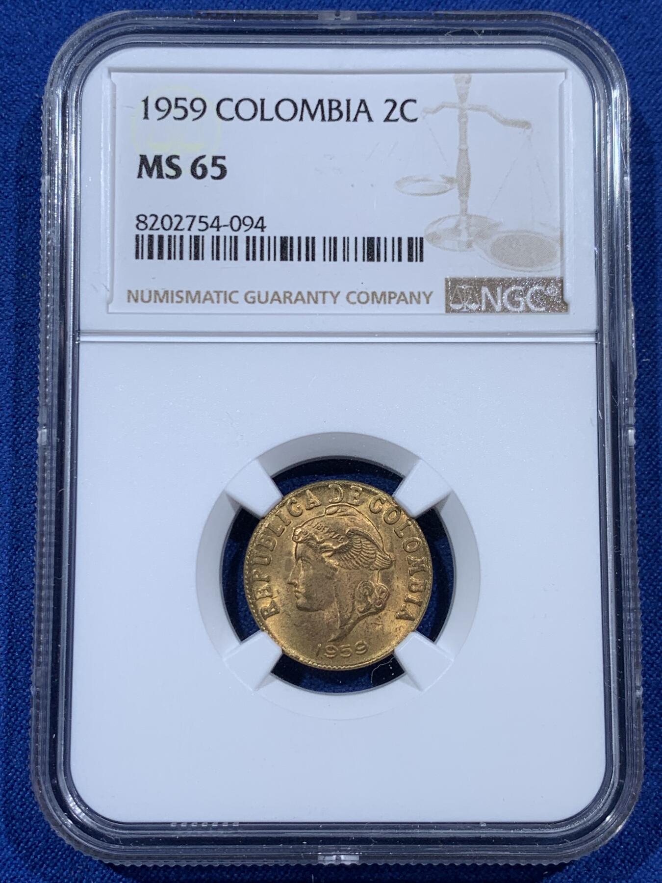 《竞宝斋》第383场 周日，周一，周二 3场连拍 （全场包邮） NGC MS65 哥伦比亚1959年2分黄铜币，车轮光状态漂亮！亚军分！