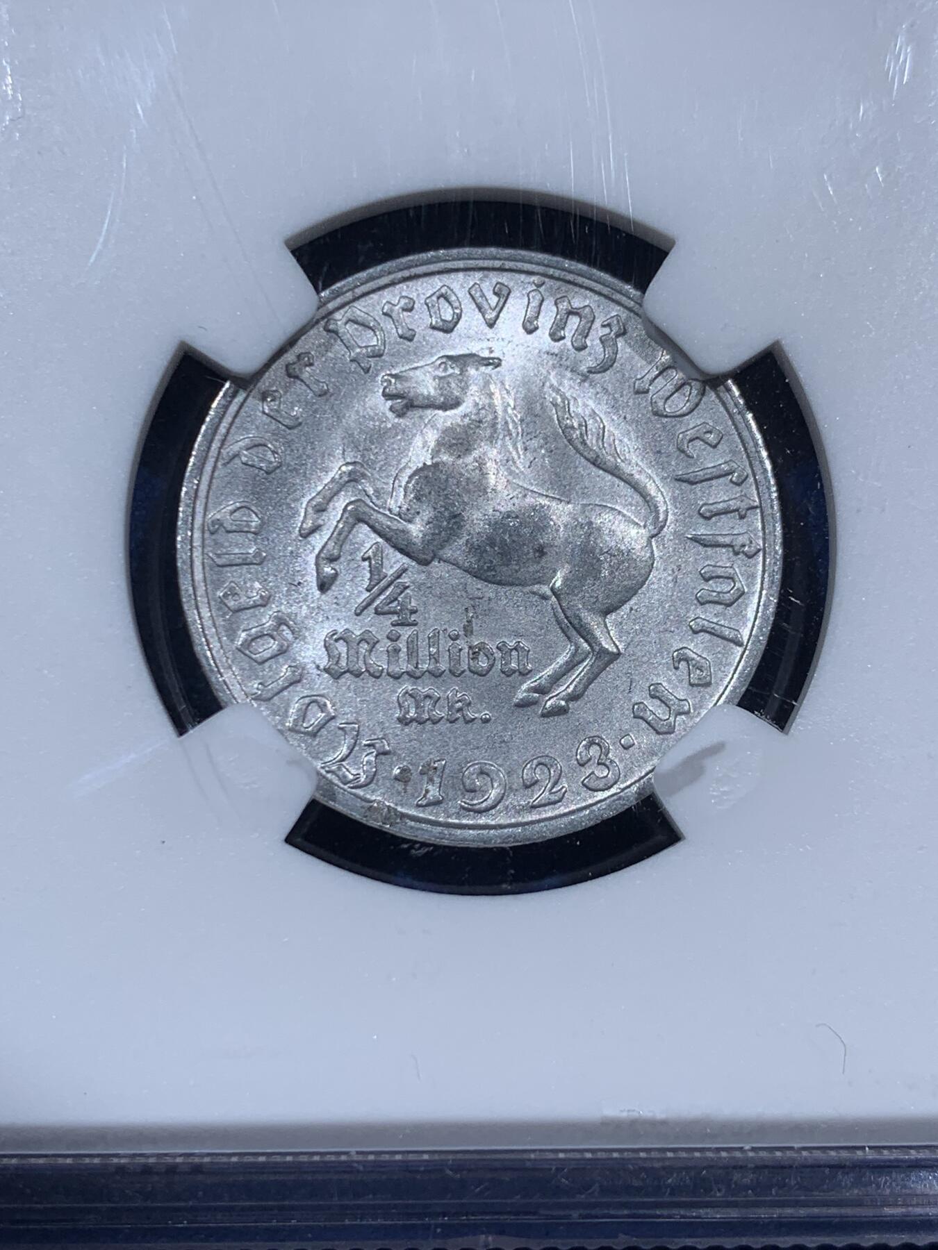 《竞宝斋》第383场 周日，周一，周二 3场连拍 （全场包邮） NGC MS65 德国1923年德紧威斯特法伦马币 25万马克铝币