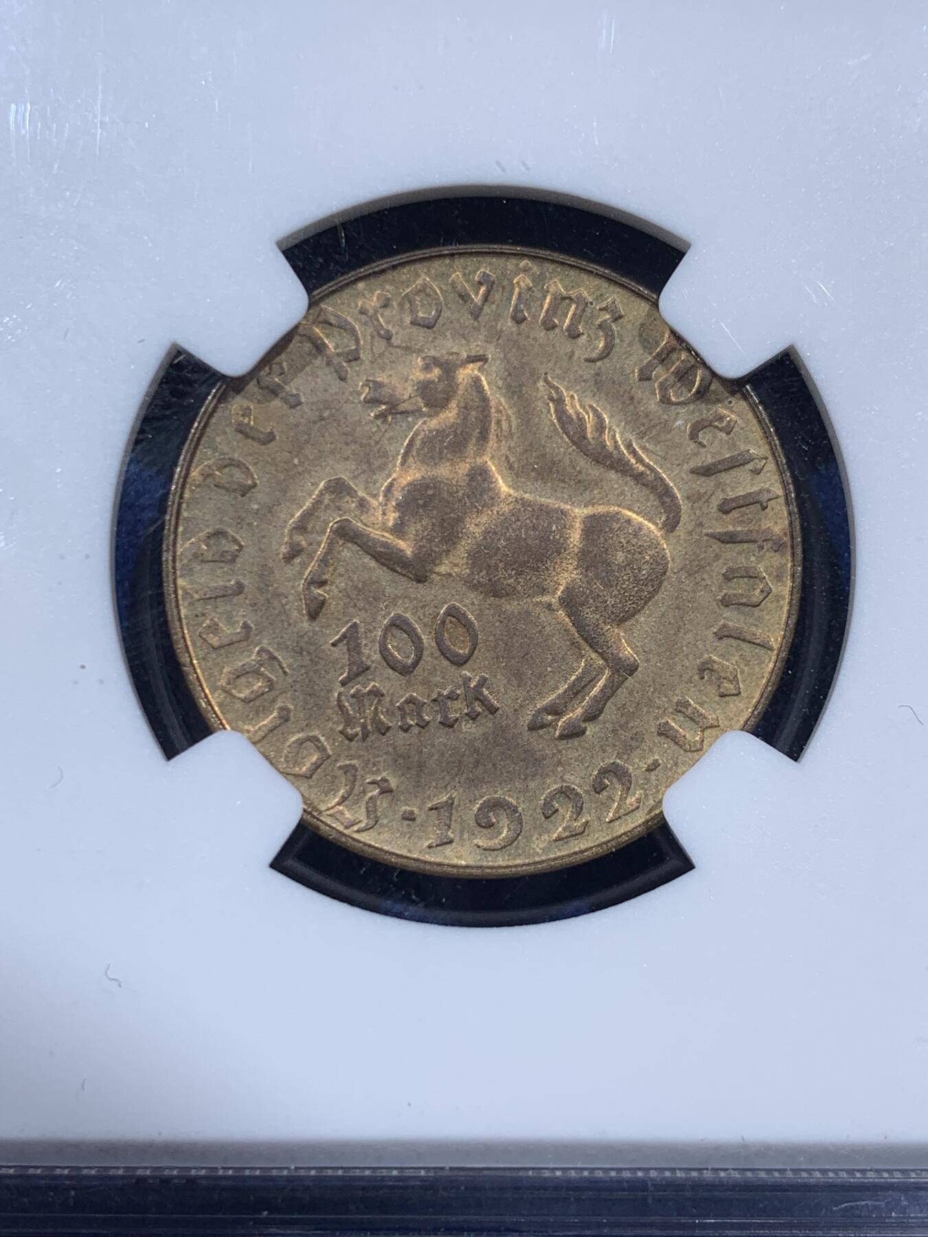 《竞宝斋》第383场 周日，周一，周二 3场连拍 （全场包邮） NGC MS64 德国1922年德紧威斯特法伦马币 100马克铜币