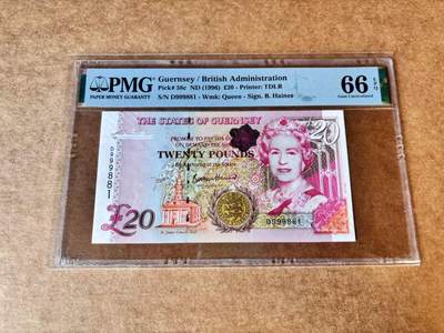 【Blue Auction】世界纸币精拍第667期【精】——16级TOP拍卖/信誉/品质/专业/高效💫 【倒置号】根西 1996年20镑 女王 PMG66EPQ 