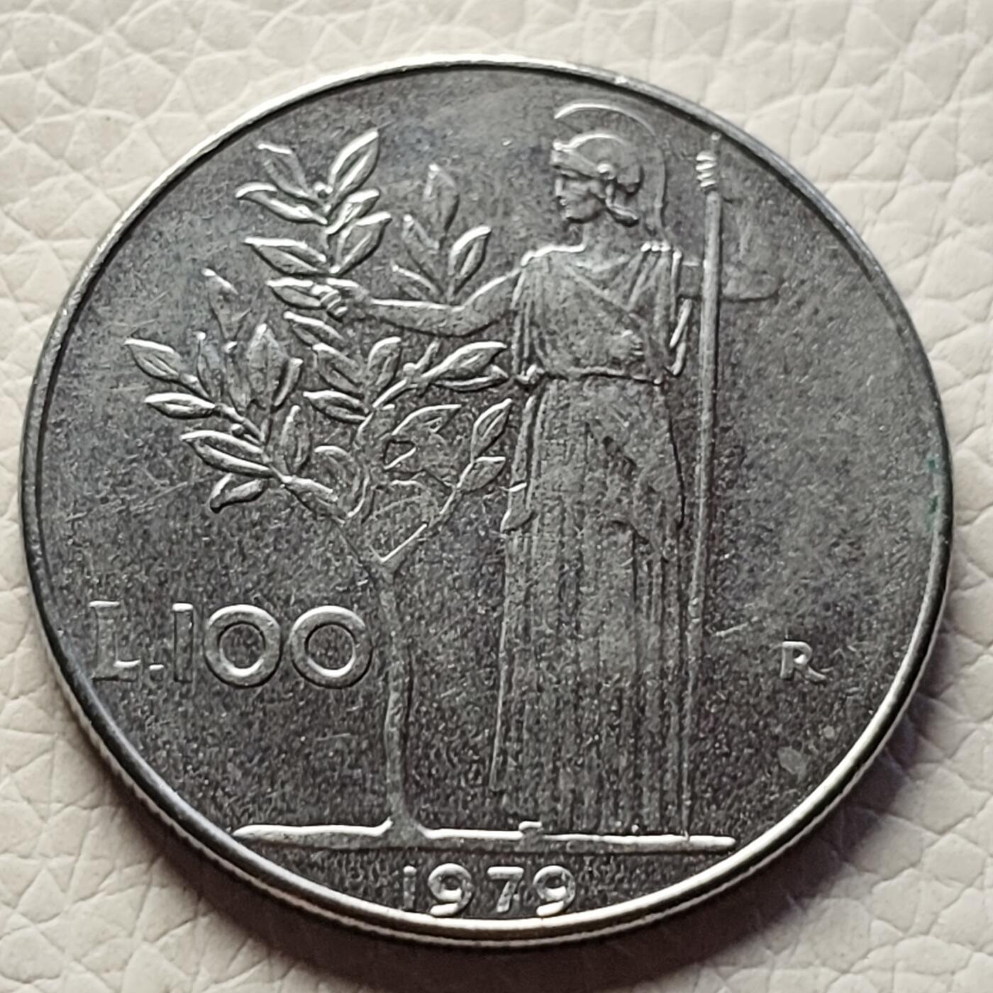泉币菌-第27场-中外散币乐园 意大利1979年100里拉 月亮和记忆女神密涅瓦 不锈钢币 27.8mm