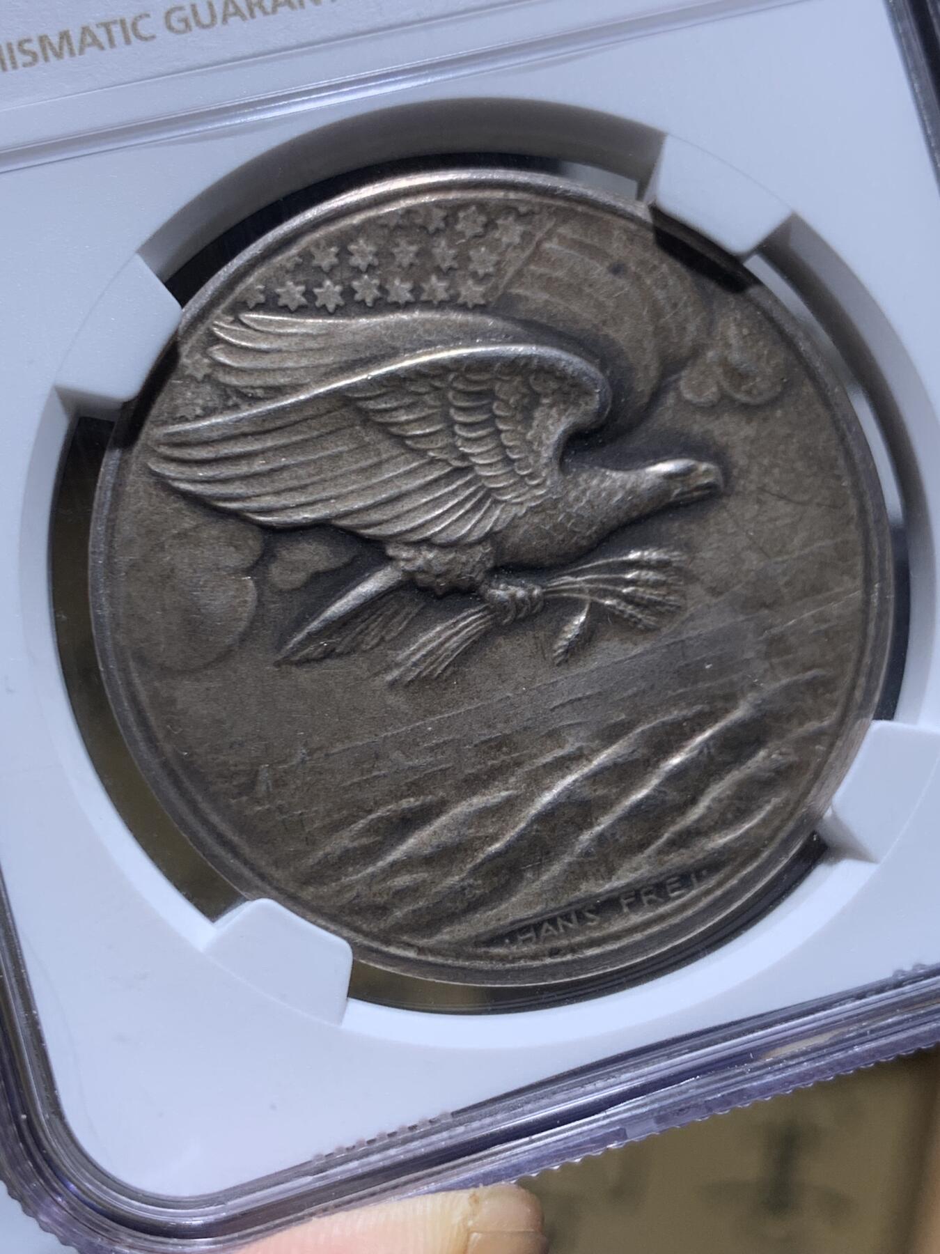 《竞宝斋》第383场 周日，周一，周二 3场连拍 （全场包邮） NGC MS63 瑞士1918年一战感恩美国纪念银章 稀少品种 磨砂精铸 品相状态极佳