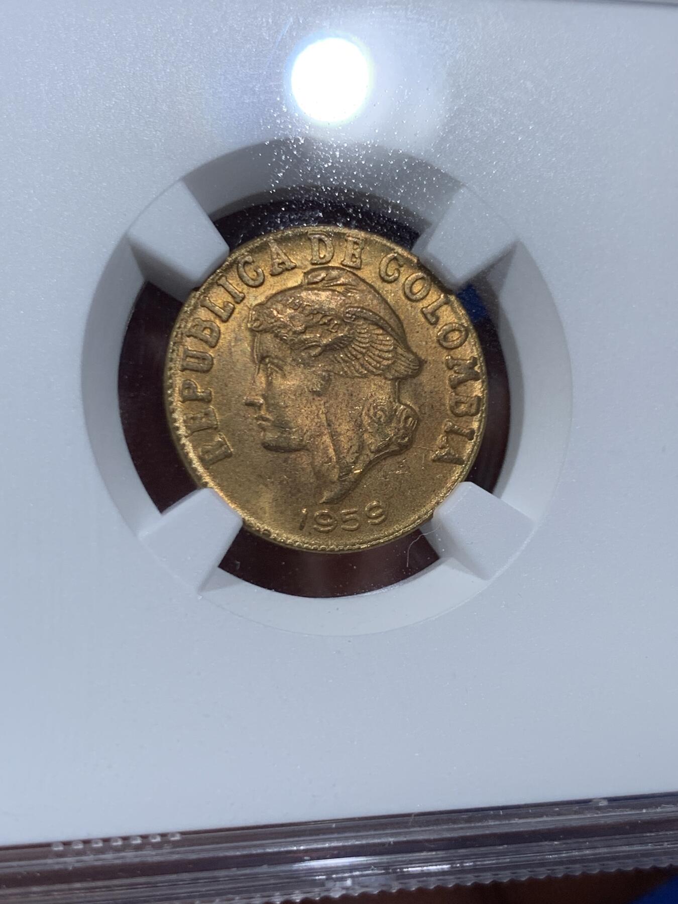 《竞宝斋》第383场 周日，周一，周二 3场连拍 （全场包邮） NGC MS65 哥伦比亚1959年2分黄铜币，车轮光状态漂亮！亚军分！