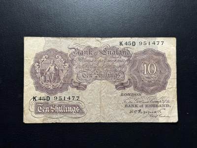八十四场 - 稀少紫版，英国10先令 1940年A序列 纸币！流通品。该版本是英国放弃白镑后的首版纸币！