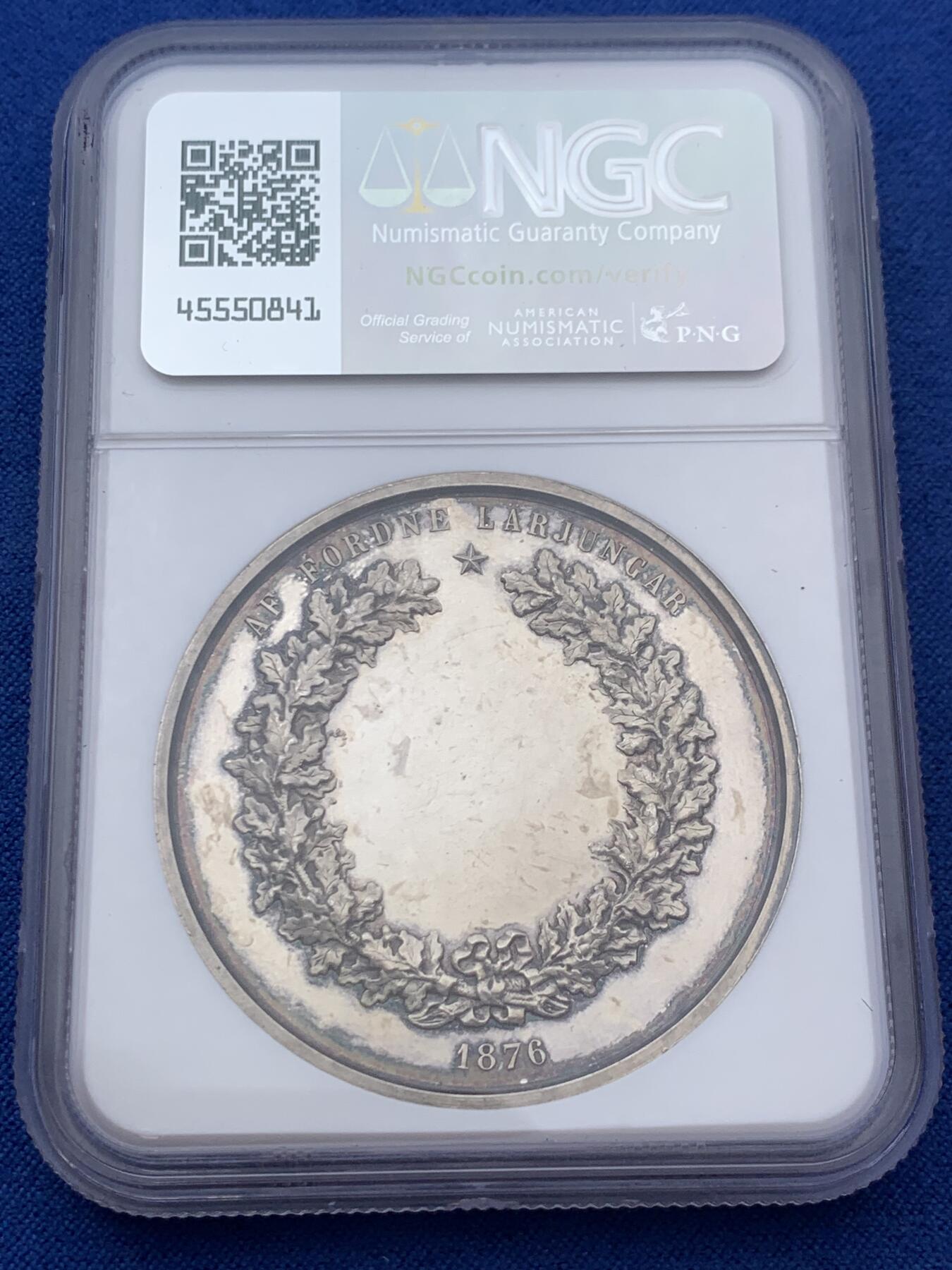 《竞宝斋》第383场 周日，周一，周二 3场连拍 （全场包邮） NGC UNCD 瑞典1876年高山童校纪念大银章 稀少品种 镜面底板 画面寓意丰富 十分难得