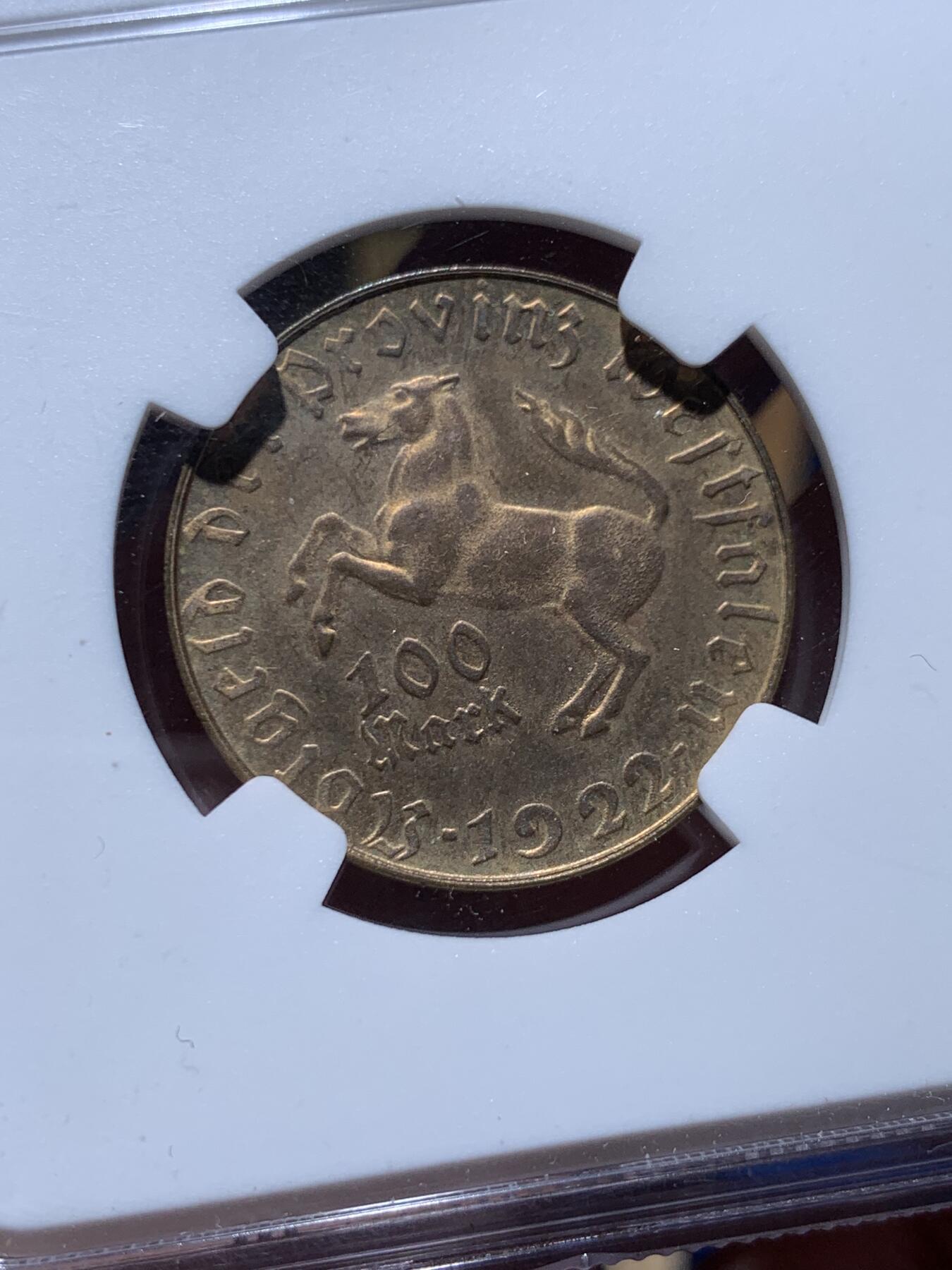 《竞宝斋》第383场 周日，周一，周二 3场连拍 （全场包邮） NGC MS64 德国1922年德紧威斯特法伦马币 100马克铜币