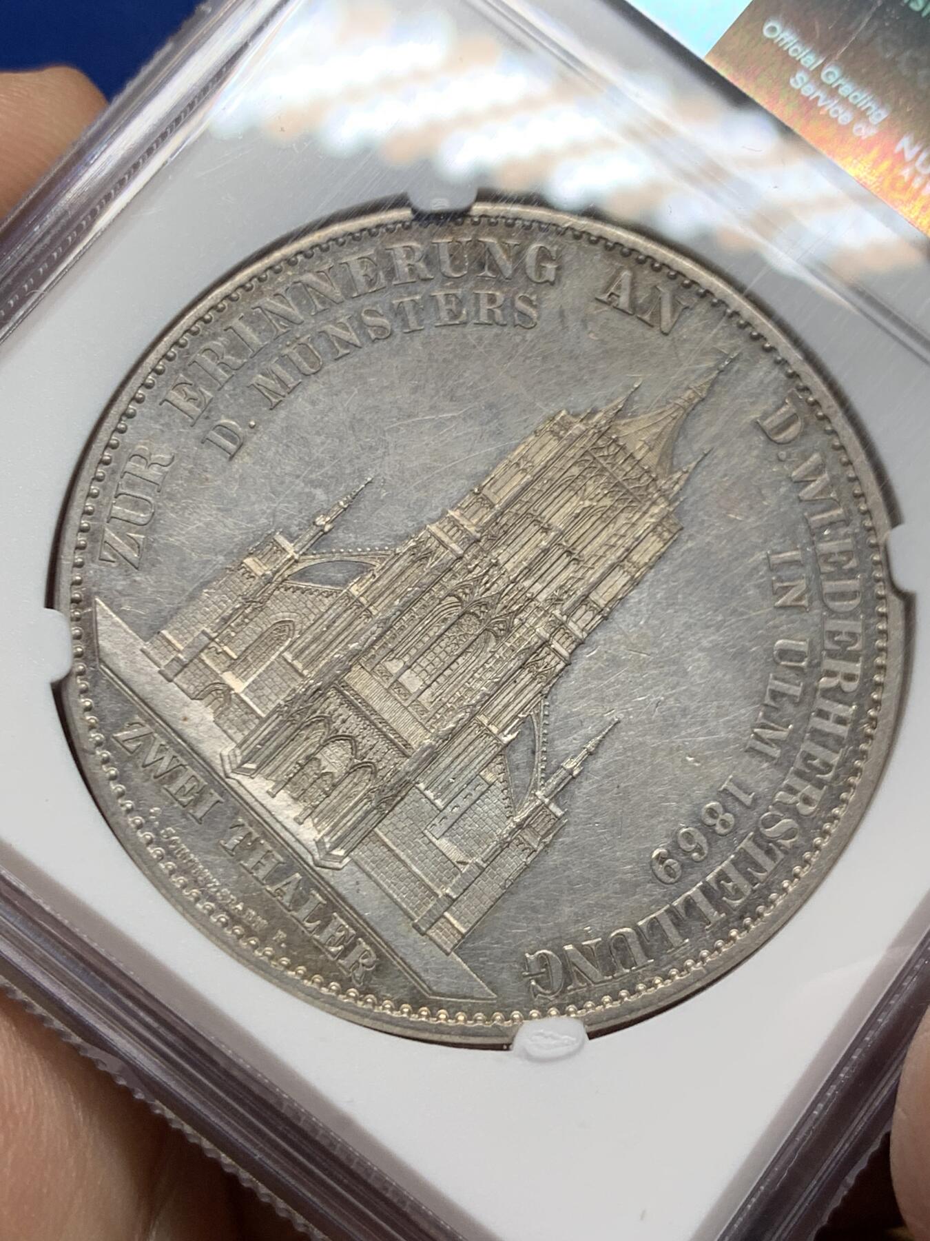 《竞宝斋》第383场 周日，周一，周二 3场连拍 （全场包邮） NGC UNC 德国 1869年 符腾堡教堂 2泰勒大银币 整体包浆底板都不错 热门品种 37大银币手感极好
