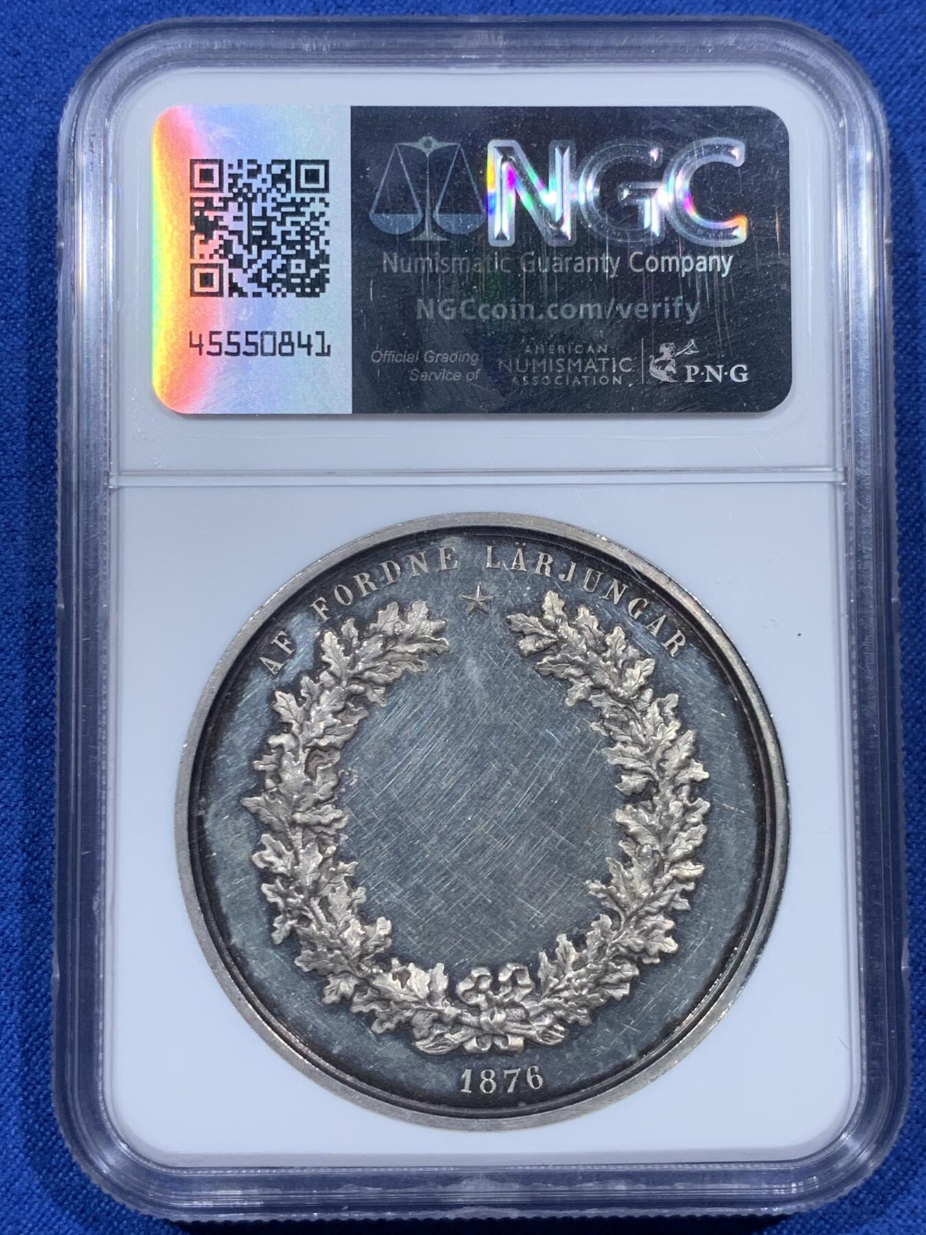 《竞宝斋》第383场 周日，周一，周二 3场连拍 （全场包邮） NGC UNCD 瑞典1876年高山童校纪念大银章 稀少品种 镜面底板 画面寓意丰富 十分难得