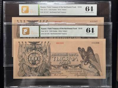 八十四场 - 沙俄（西北战时财政部）1919年1000卢布，一组两张连号！TQG64！
