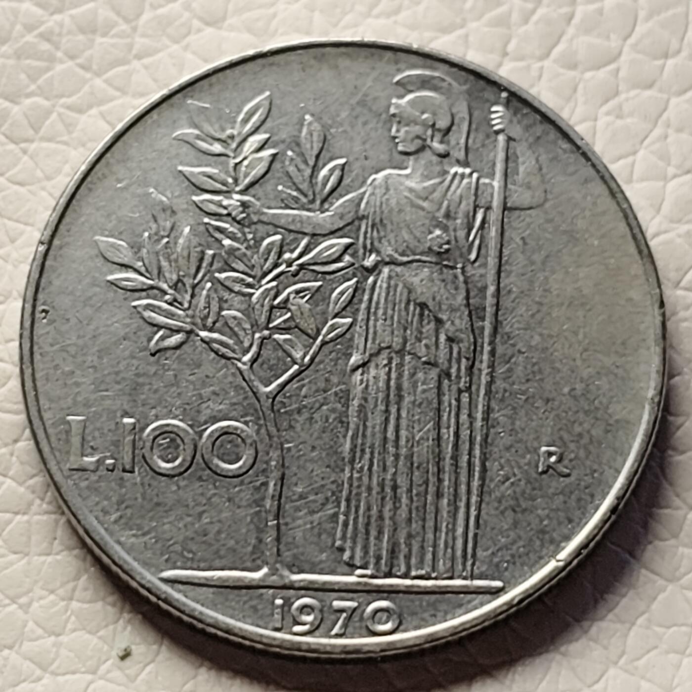 泉币菌-第28场-中外散币乐园 意大利早期100里拉 月亮和记忆女神密涅瓦 不锈钢币 27.8mm