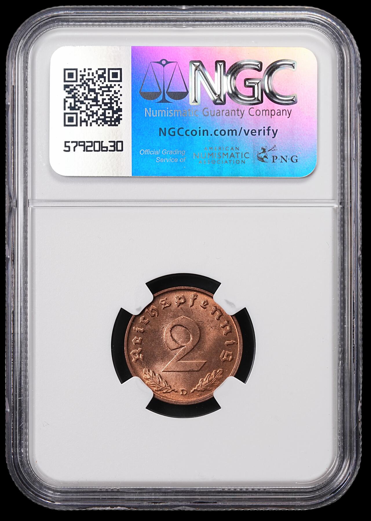 修遠堂世界钱币第七十一期 NGC MS65RB 1939年德国2芬尼铜币 D厂铭