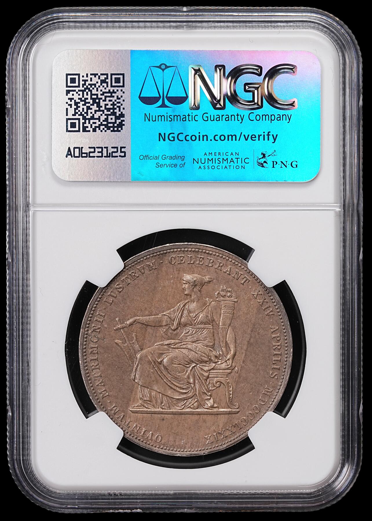 修遠堂世界钱币第七十一期 NGC MS62 1879年奥匈帝国皇帝弗朗茨一世与茜茜公主银婚纪念2古尔登 五彩包浆