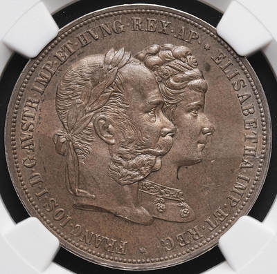 修遠堂世界钱币第七十一期 - NGC MS62 1879年奥匈帝国皇帝弗朗茨一世与茜茜公主银婚纪念2古尔登 五彩包浆