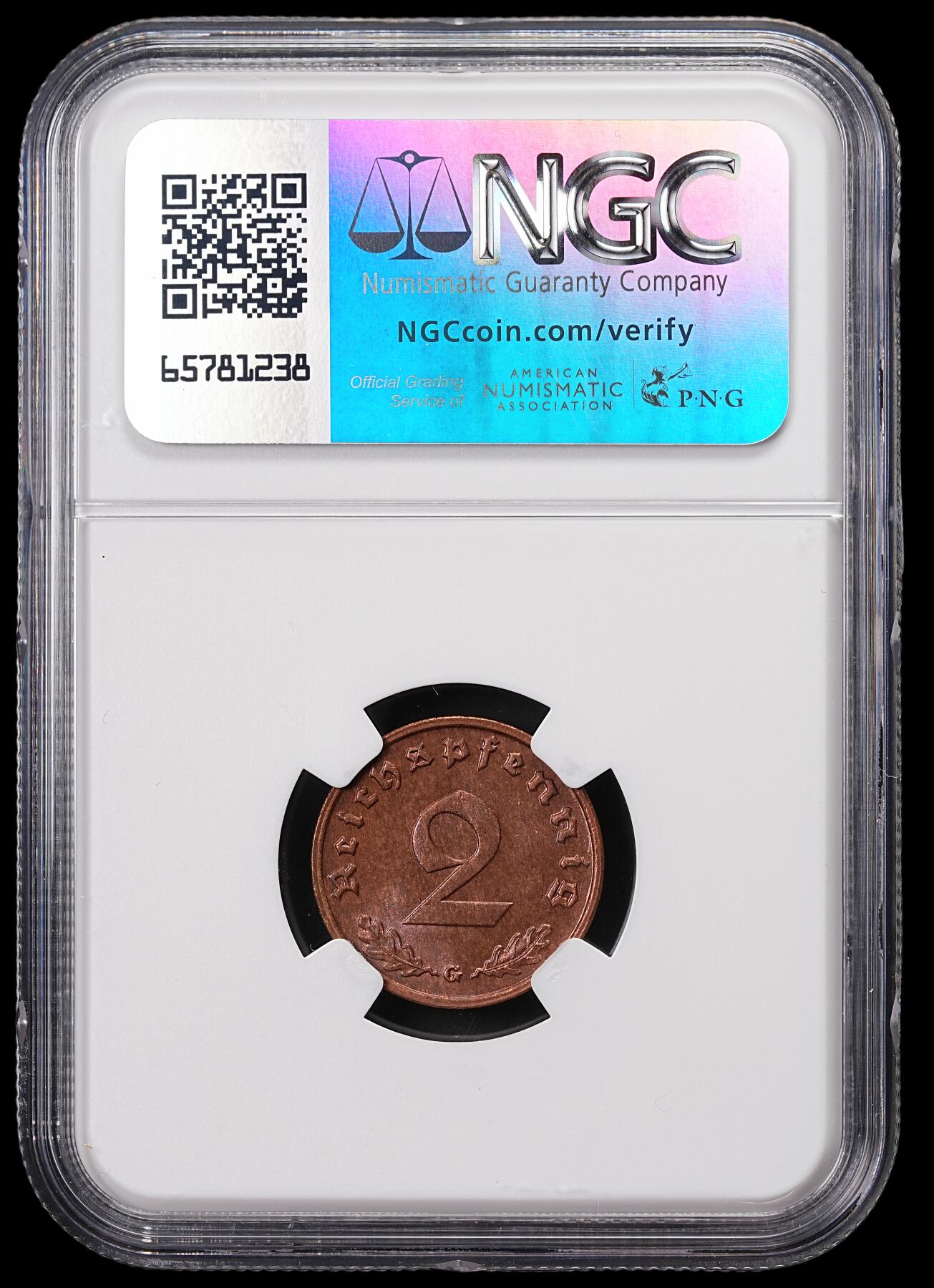 修遠堂世界钱币第七十一期 NGC MS65BN 1939年德国2芬尼铜币 G厂铭