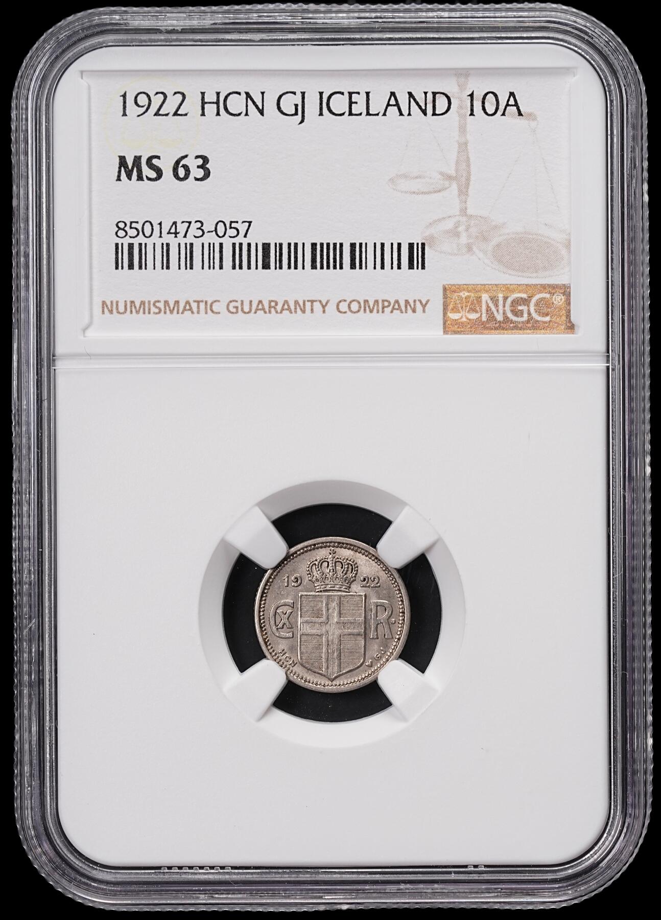 修遠堂世界钱币第七十一期 NGC MS63 1922年冰岛10 AURAR