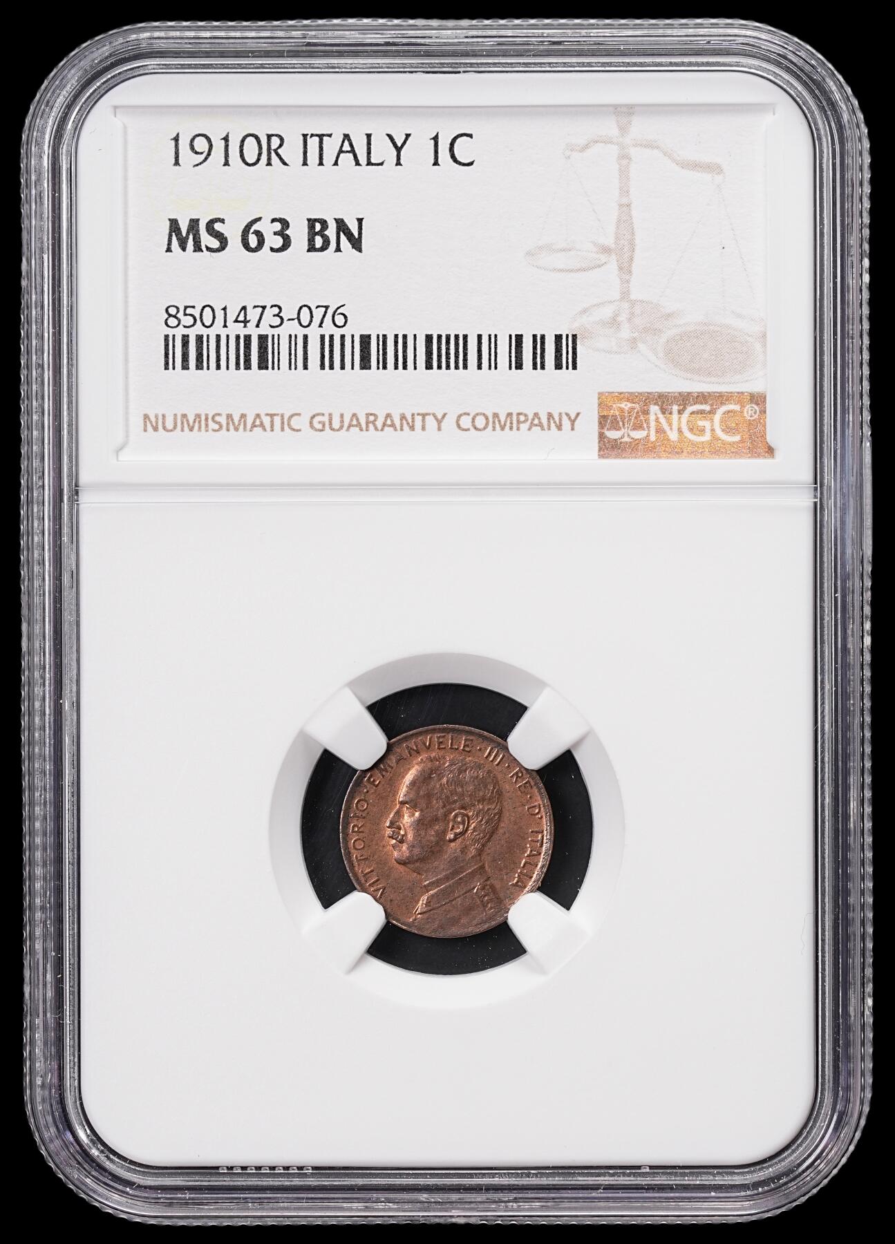 修遠堂世界钱币第七十一期 NGC MS63BN 1910年意大利1分铜币 较少见年份