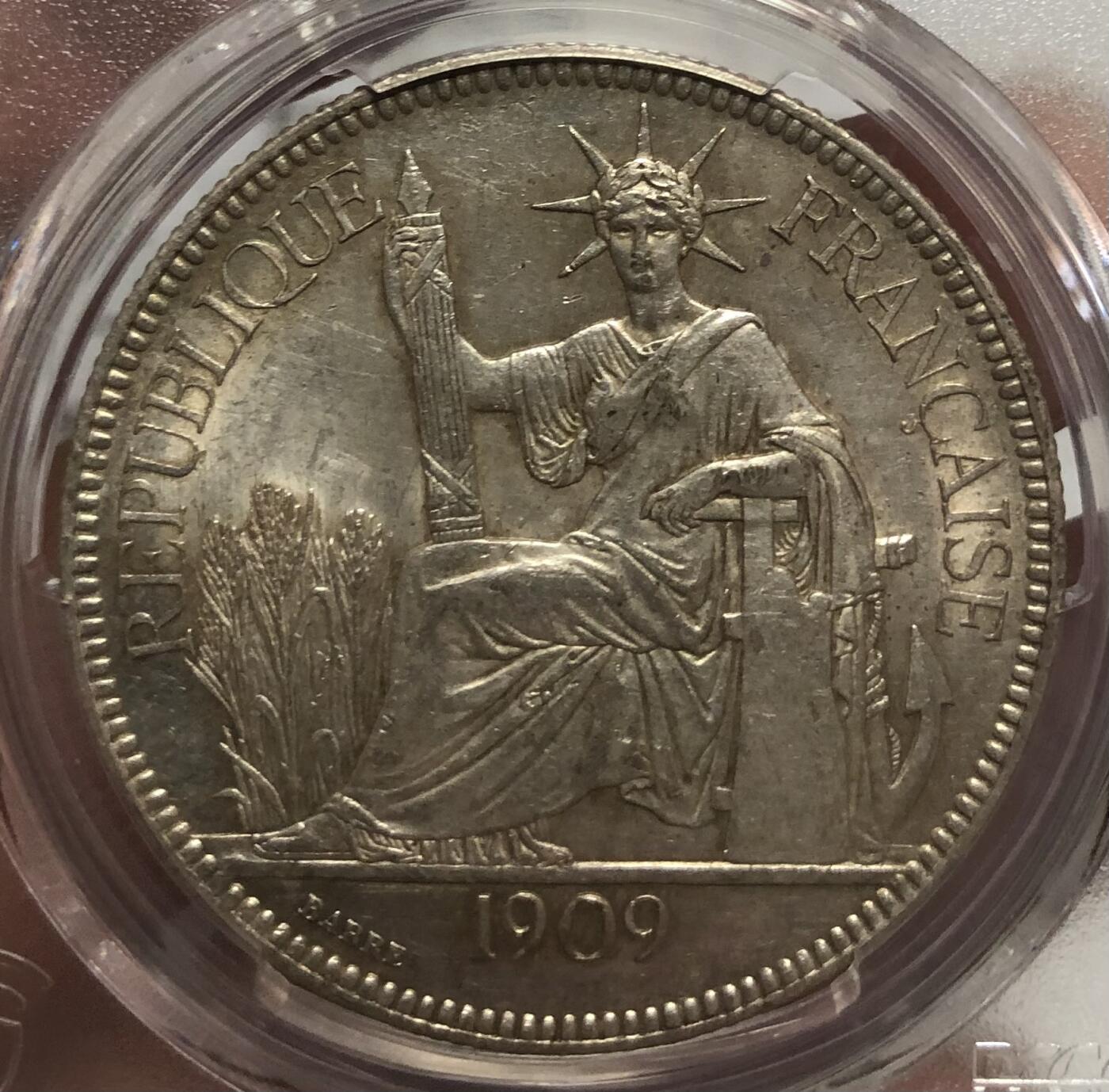 法属印支1909-A坐洋PCGS AU58
