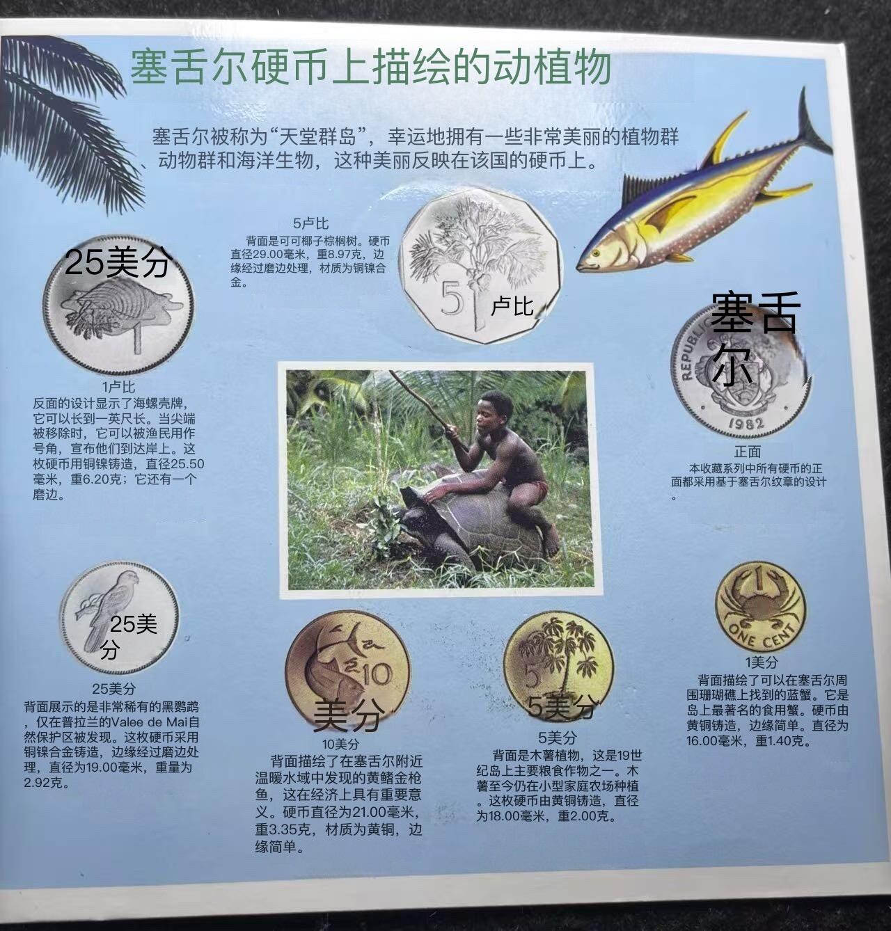文馨钱币收藏第 249 场，端午节优选品质专场，因寄存的货几百件，本场拍品不寄存，之前有货寄存的朋友可以凑邮，不够包邮的朋友请付邮费，后台私信寄存的不予理会！谢谢合作，谢谢理解 全新原封 1982 年塞舌尔官方套动植物套币