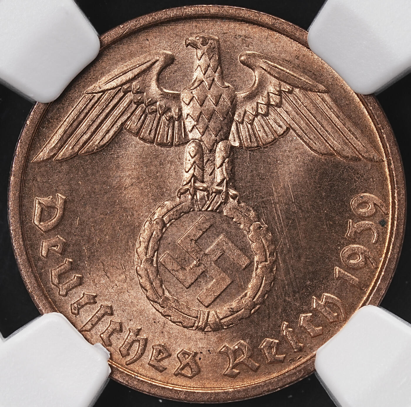 修遠堂世界钱币第七十一期 NGC MS65RB 1939年德国2芬尼铜币 D厂铭
