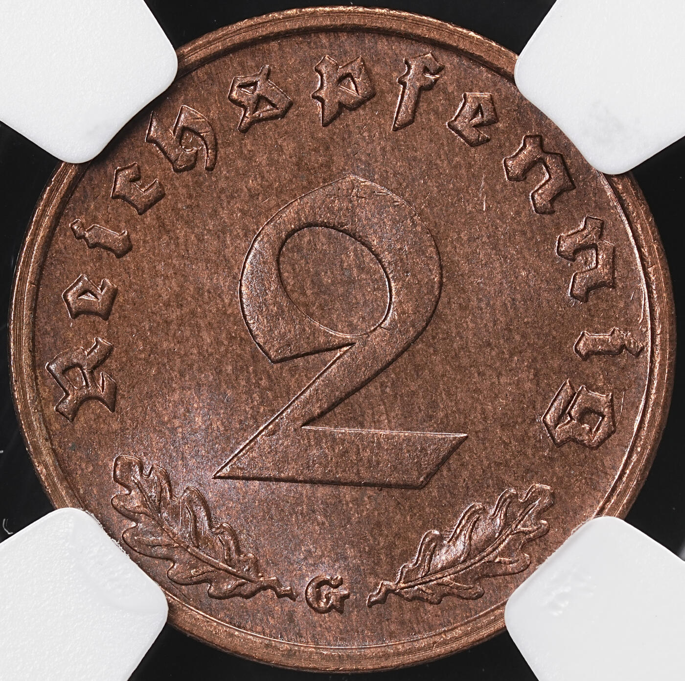 修遠堂世界钱币第七十一期 NGC MS65BN 1939年德国2芬尼铜币 G厂铭